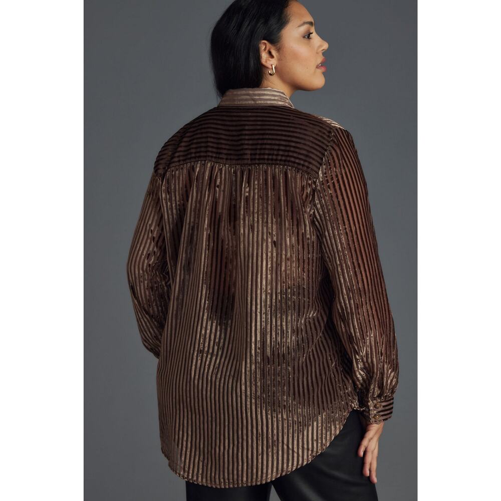 Pilcro Anthropologie Sheer Velvet Burnout Blouse Small Brown Button Up Shirt - Picture 4 of 13